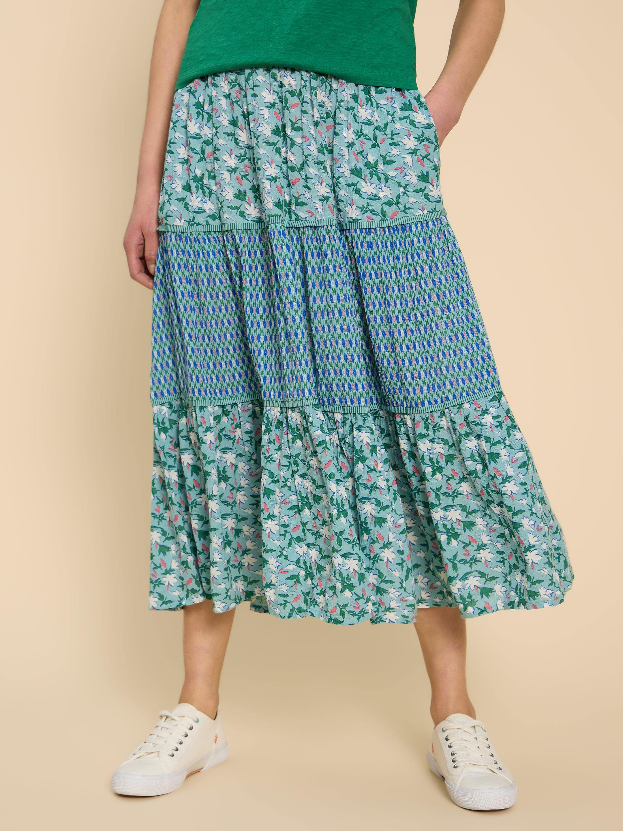 Mabel Mixed Print Skirt in TEAL PR - MODEL DETAIL