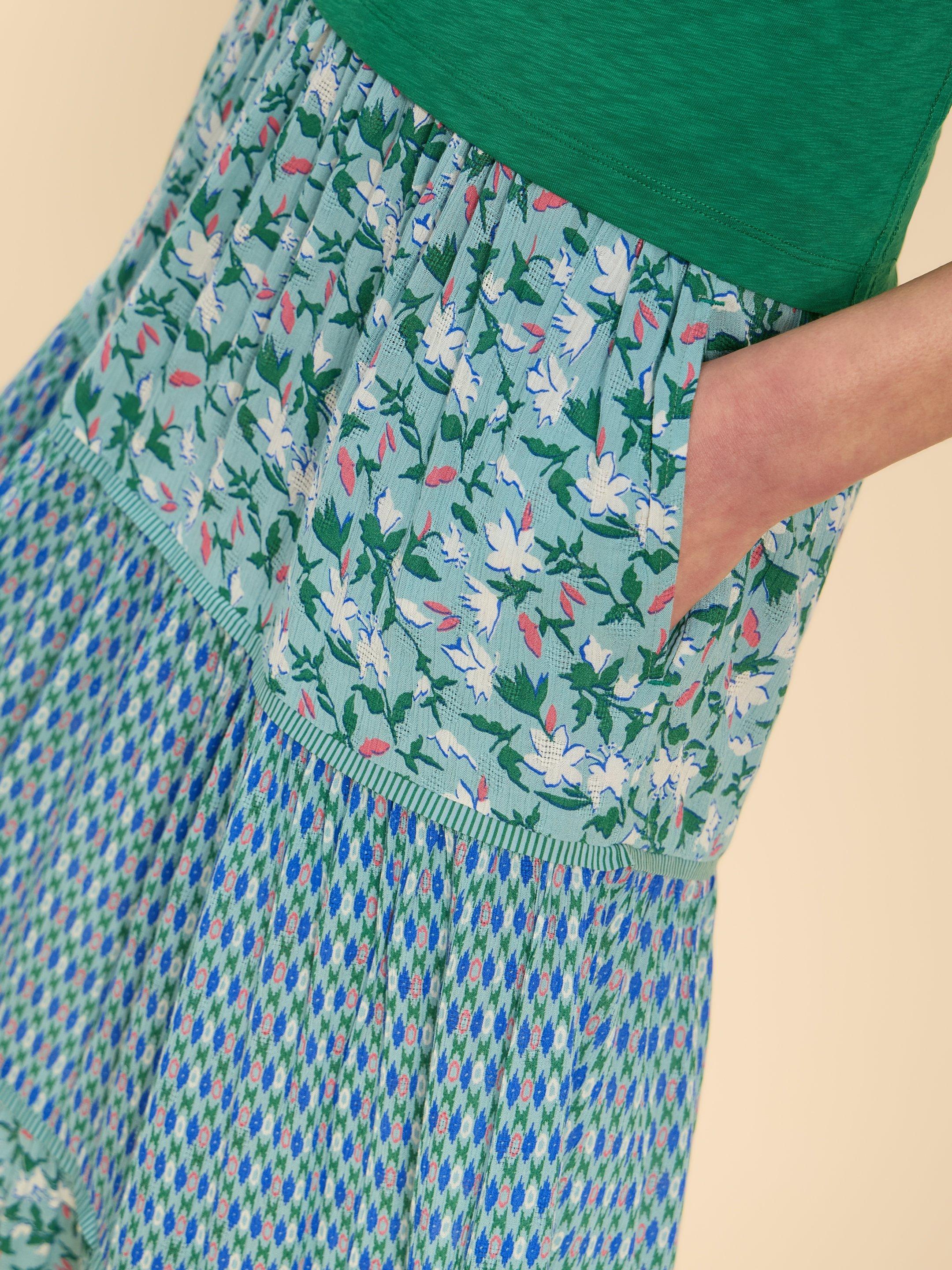 Mabel Mixed Print Skirt in TEAL PR - MODEL FRONT