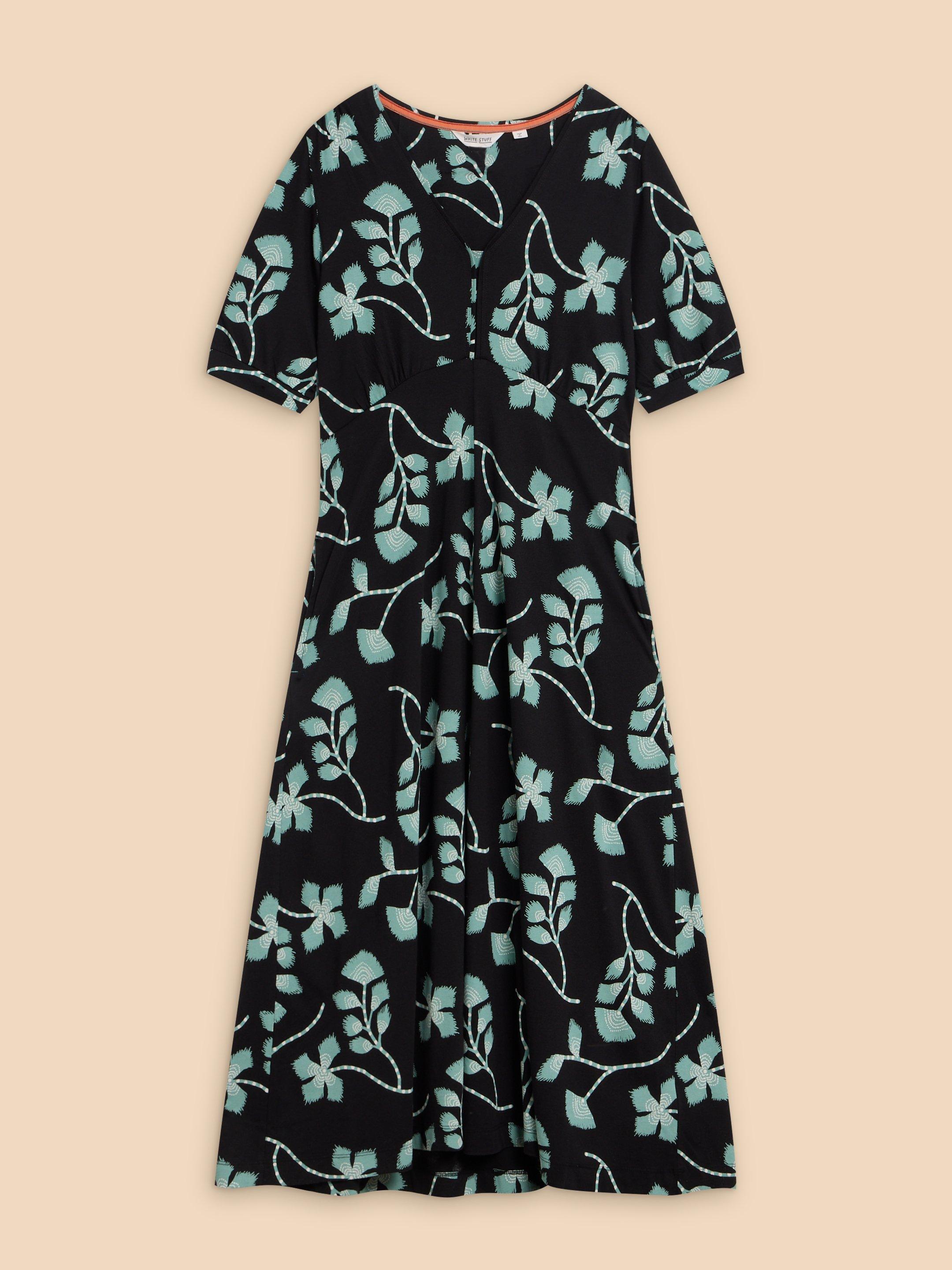 Megan Printed Jersey Midi Dress in BLK MLT - FLAT FRONT