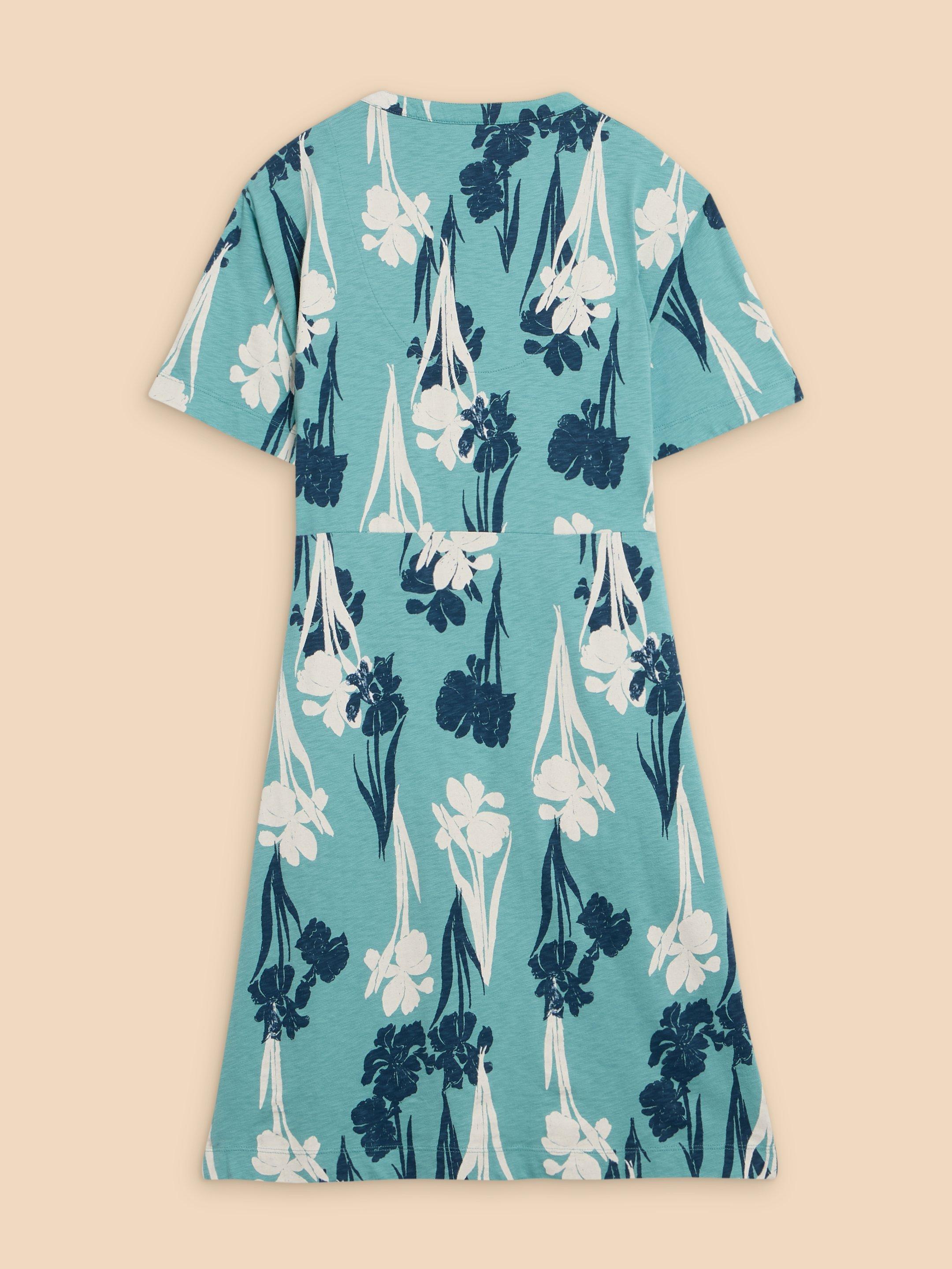 Tammy Cotton Printed Jersey Dress in TEAL PR - FLAT BACK