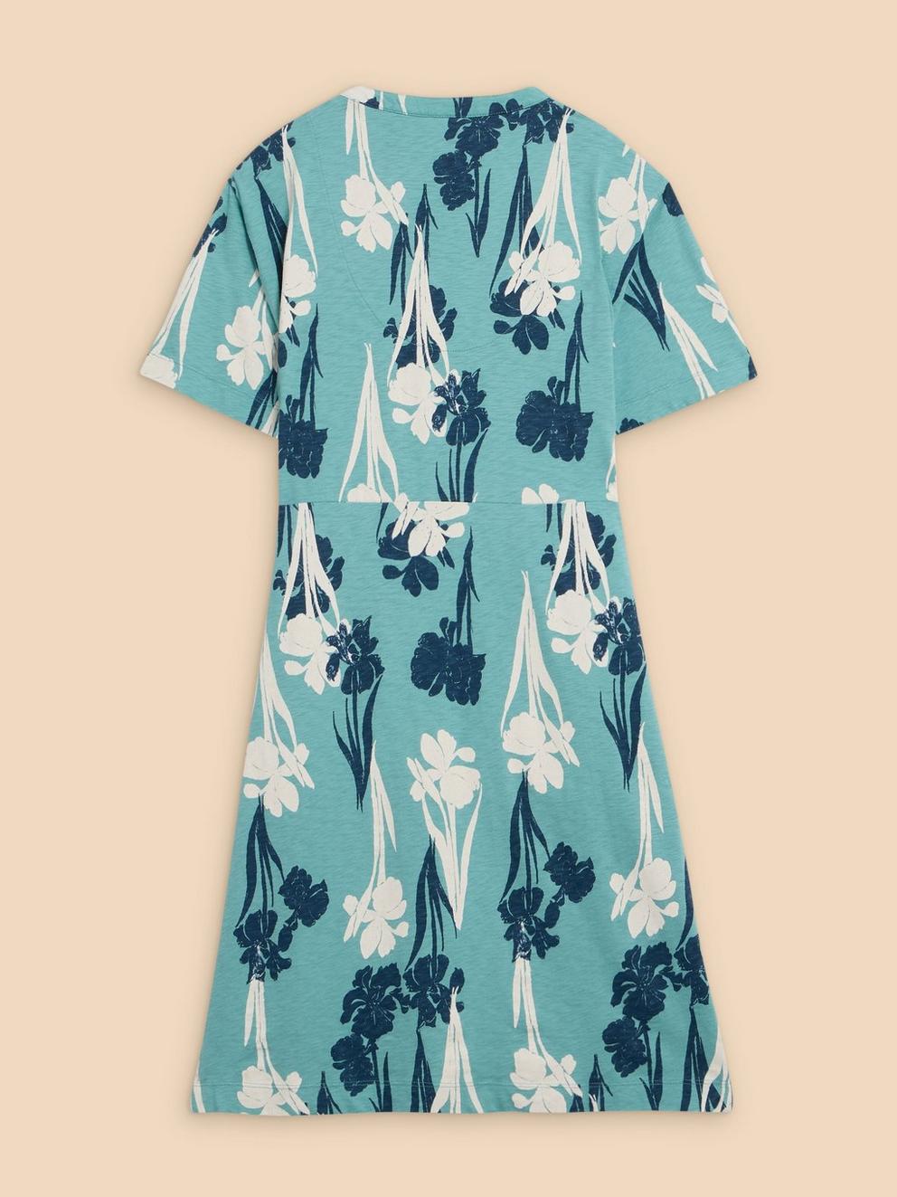 Tammy Cotton Printed Jersey Dress in TEAL PR - FLAT BACK