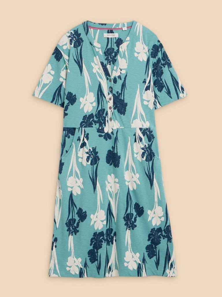 Tammy Cotton Printed Jersey Dress in TEAL PR - FLAT FRONT