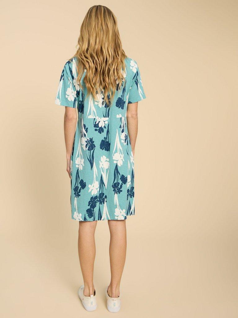Tammy Cotton Printed Jersey Dress in TEAL PR - MODEL BACK