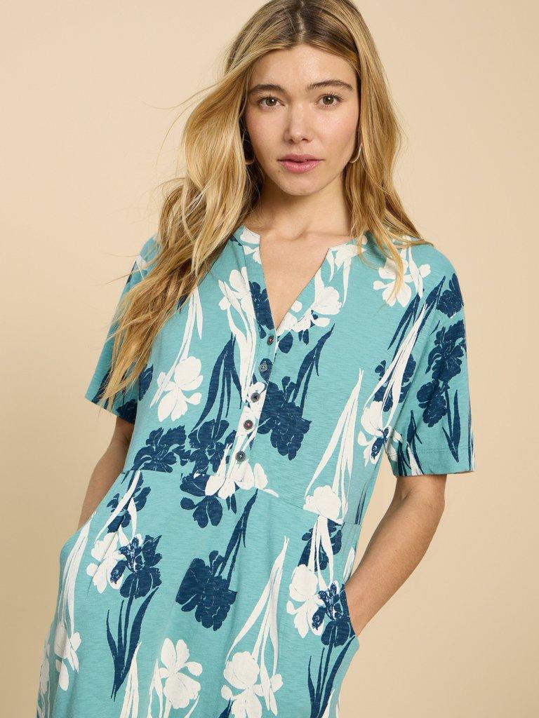 Tammy Cotton Printed Jersey Dress in TEAL PR - MODEL FRONT