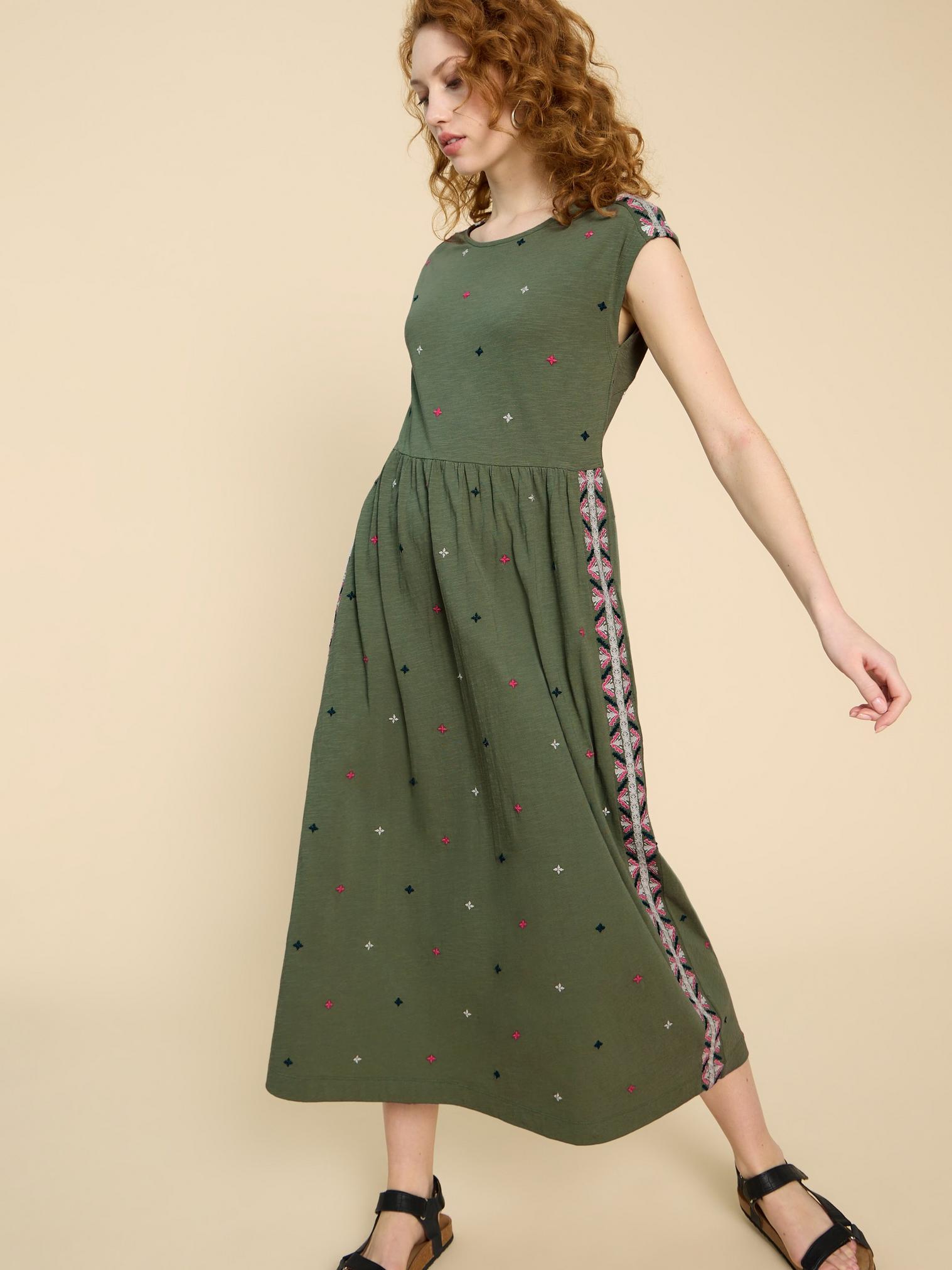 Addison Embroidered Cotton Dress in GREEN MLT - LIFESTYLE