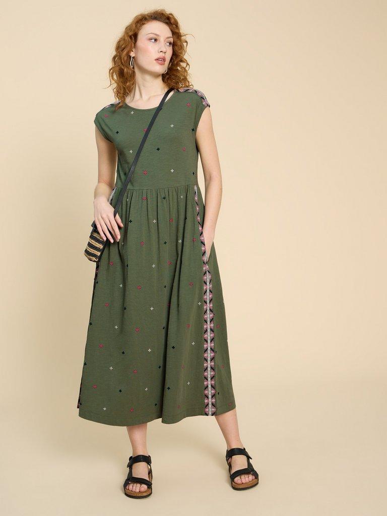 Addison Embroidered Cotton Dress in GREEN MLT - MODEL FRONT