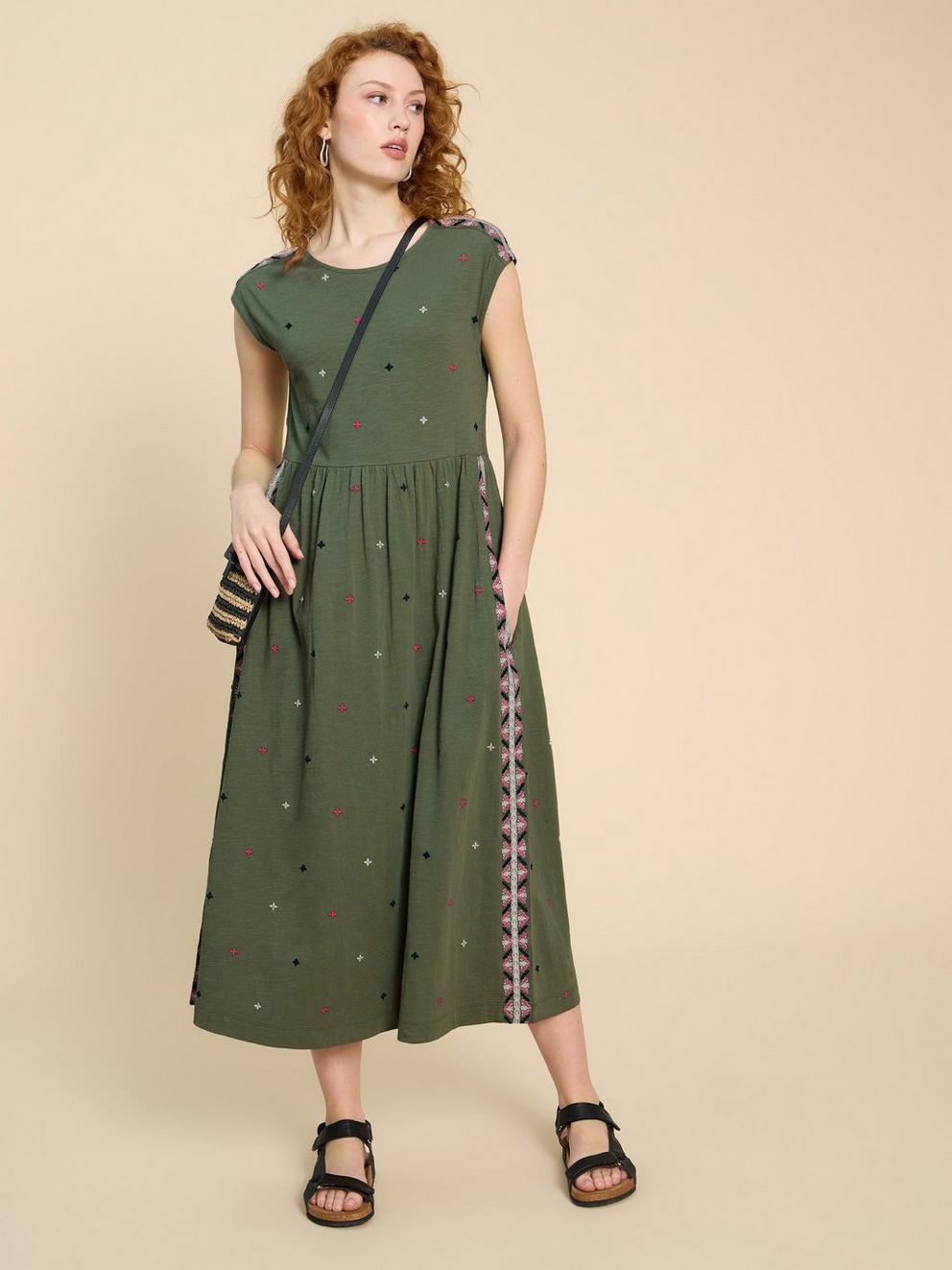 Addison Embroidered Cotton Dress in GREEN MLT - MODEL FRONT