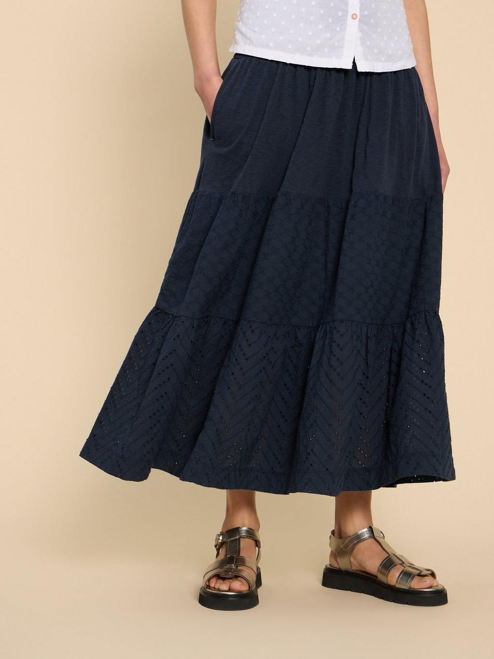 Marissa Broderie Maxi Skirt in DARK NAVY - MODEL DETAIL