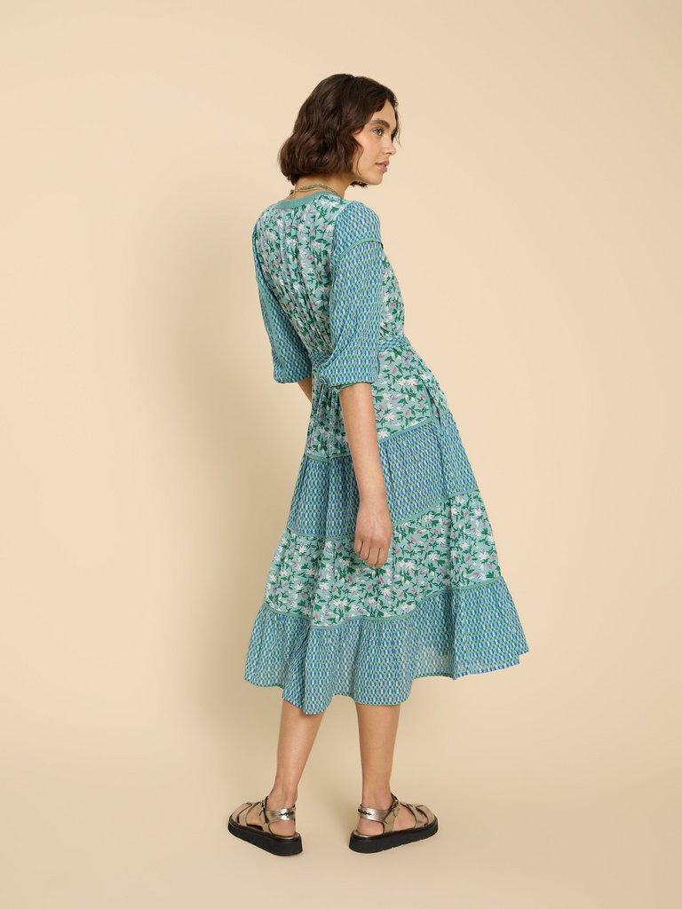 Mabel Mixed Printed Dress in TEAL PR - MODEL BACK