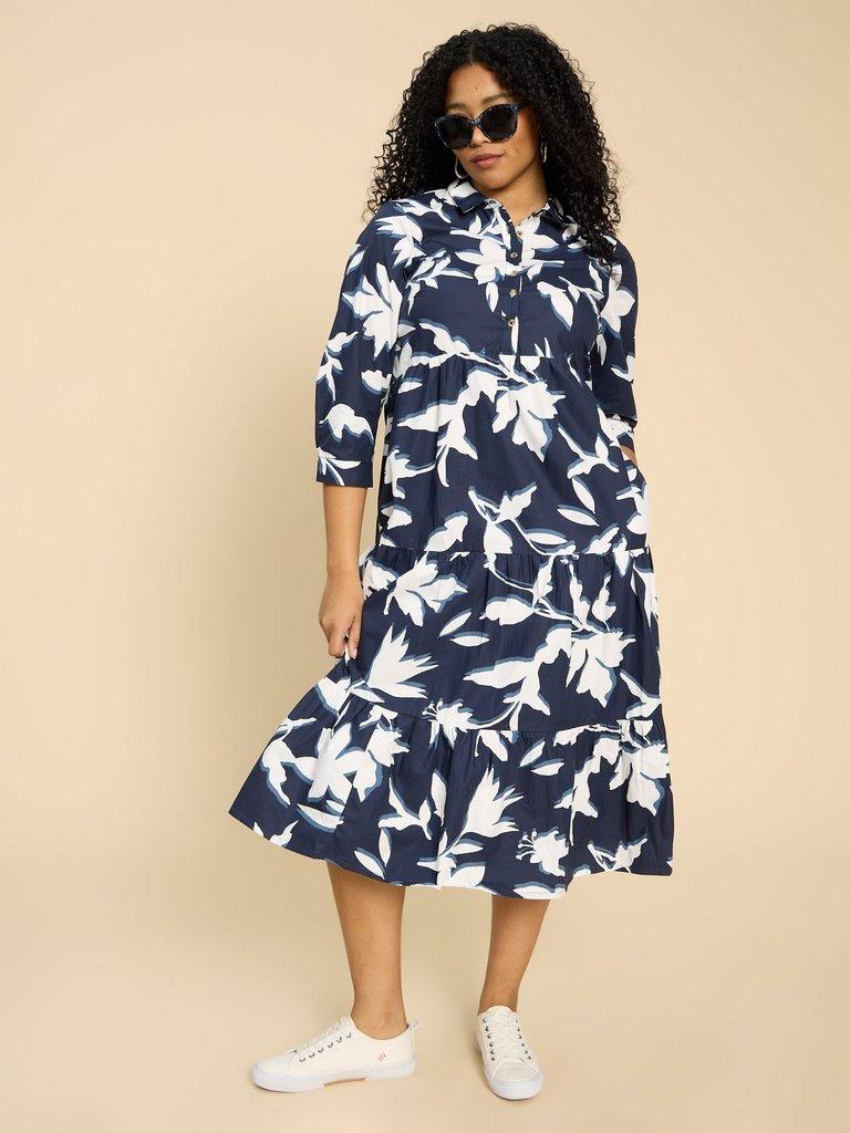 Mayra Tiered Shirt Dress in NAVY PR - MODEL FRONT