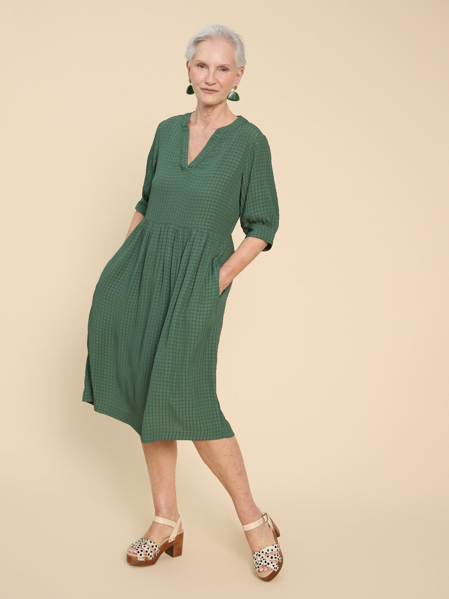 Amelia Dress in MID GREEN - MODEL FRONT