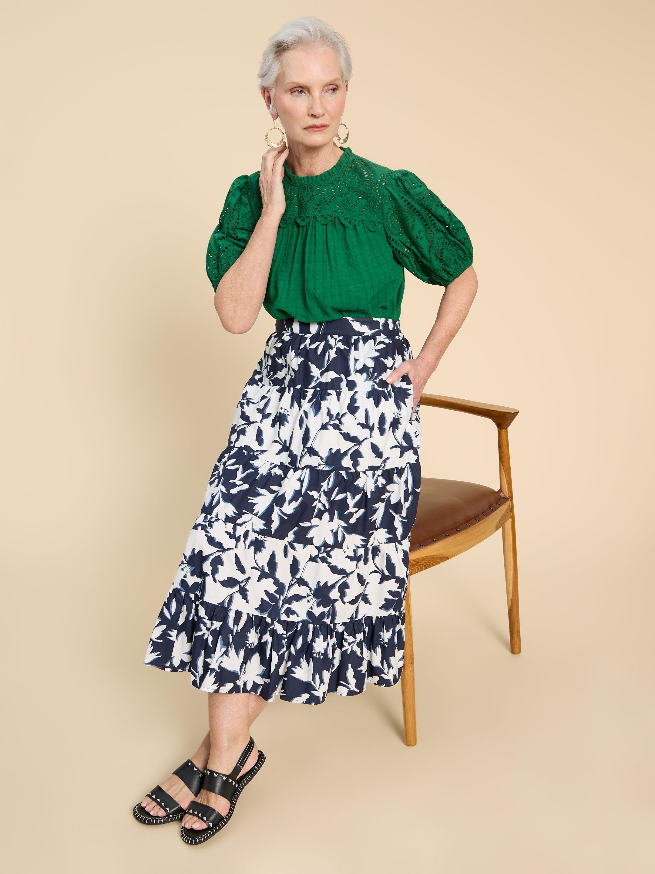 Mayra Mixed Print Midi Skirt in NAVY PR - LIFESTYLE