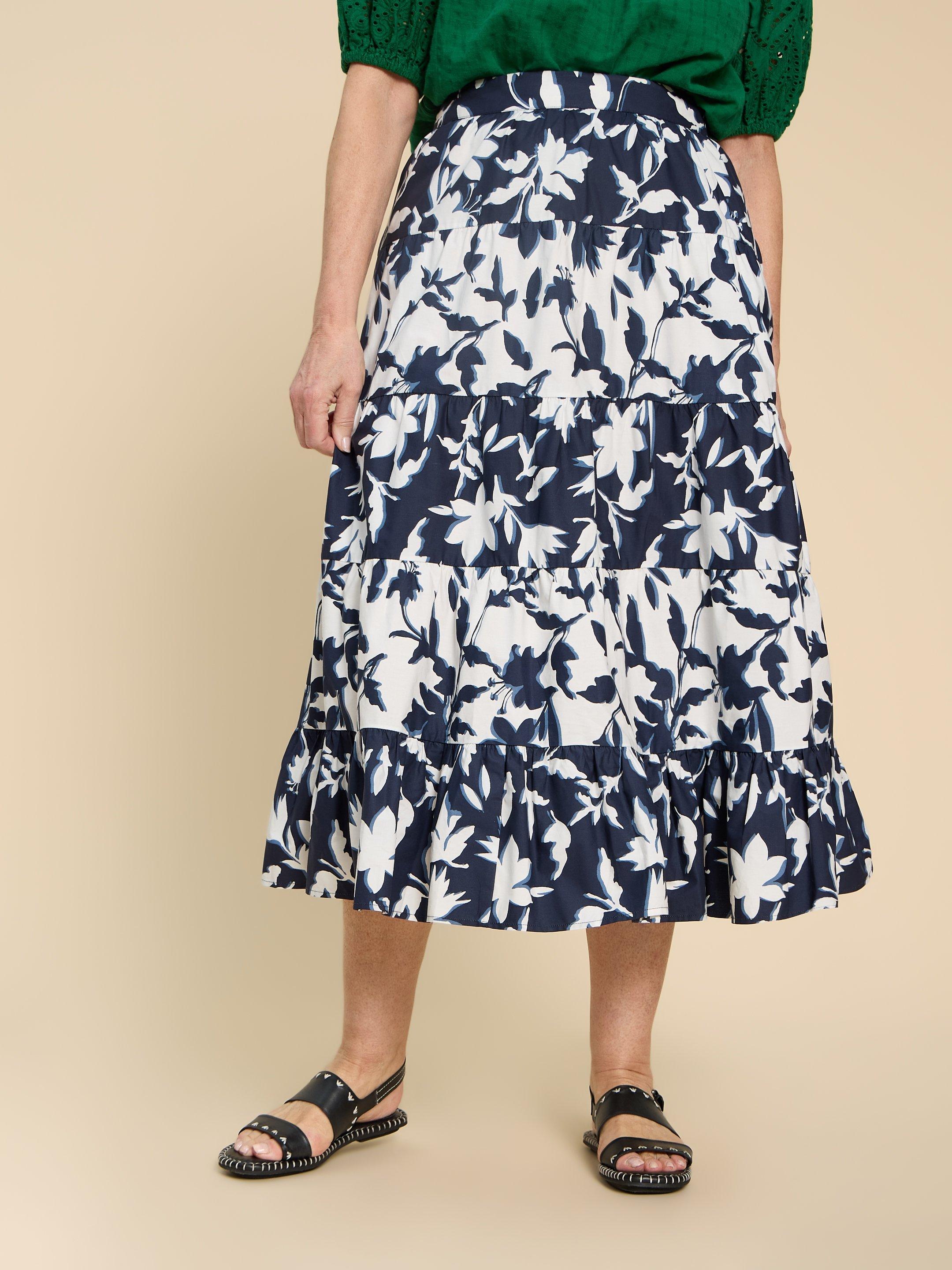 Mayra Mixed Print Midi Skirt in NAVY PR - MODEL FRONT