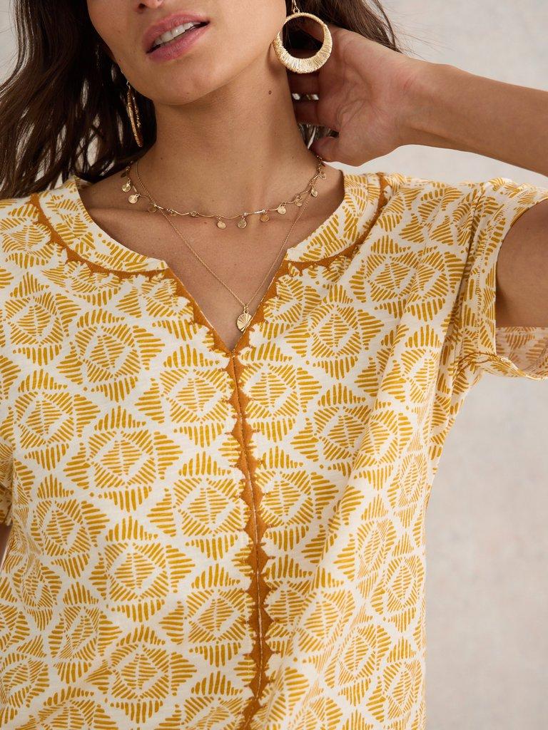 NELLY EMBROIDERED PRINTED TEE in YELLOW PR - MODEL DETAIL