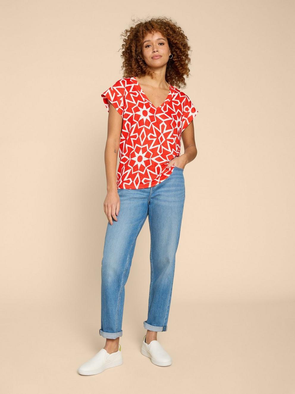 IVY LINEN TEE in RED PR - MODEL FRONT