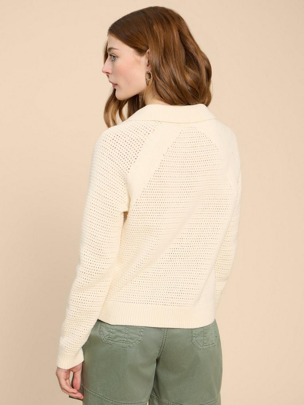 CHATERLY CROCHET COLLAR CARDI in NAT WHITE - MODEL BACK