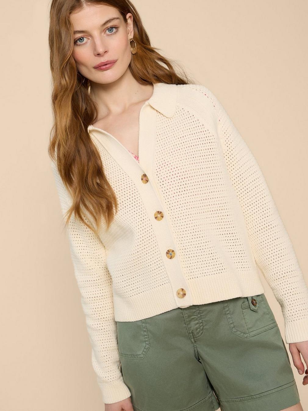 CHATERLY CROCHET COLLAR CARDI in NAT WHITE - MODEL DETAIL