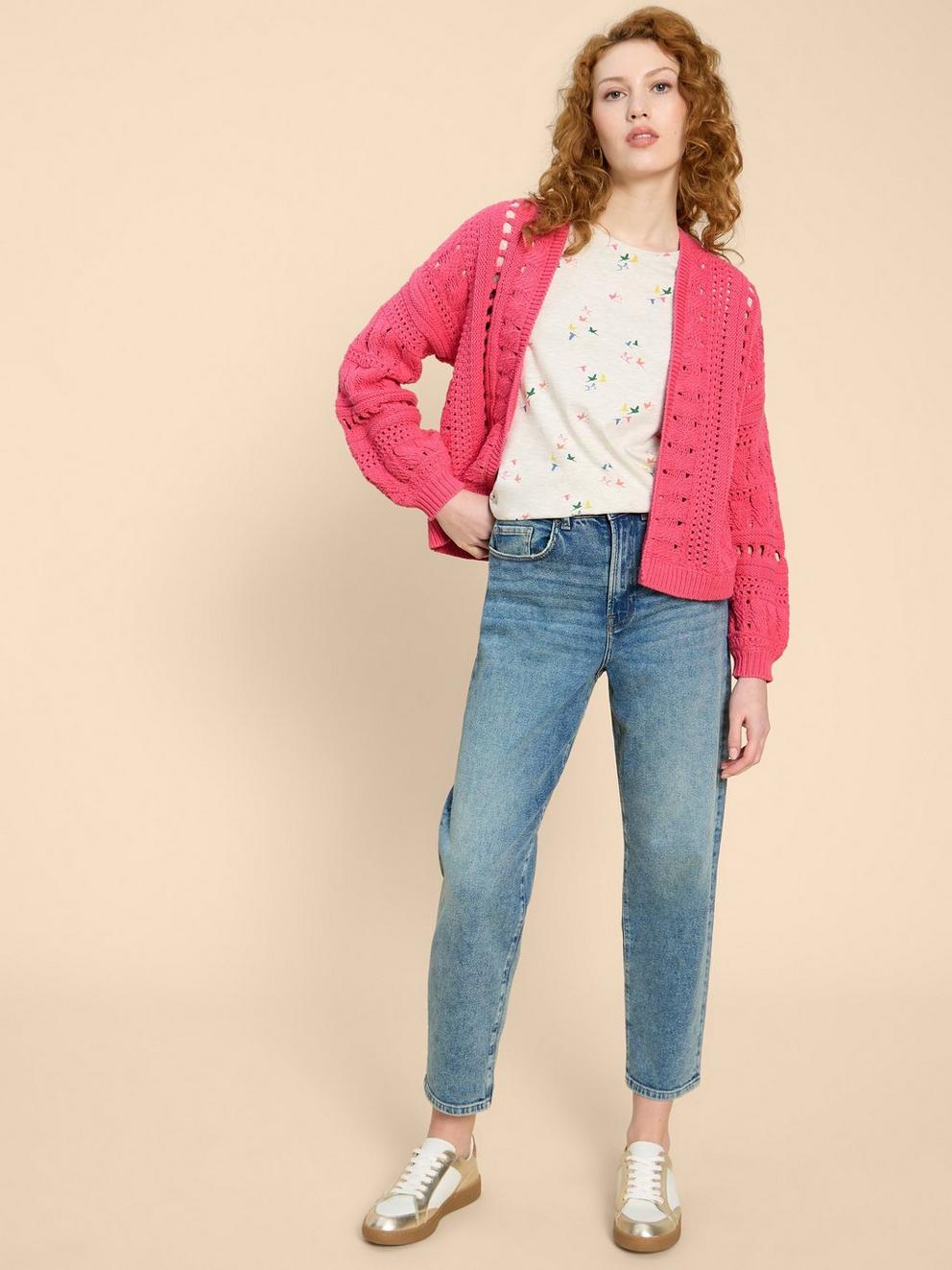 CASEY CARDI in BRT PINK - MODEL FRONT