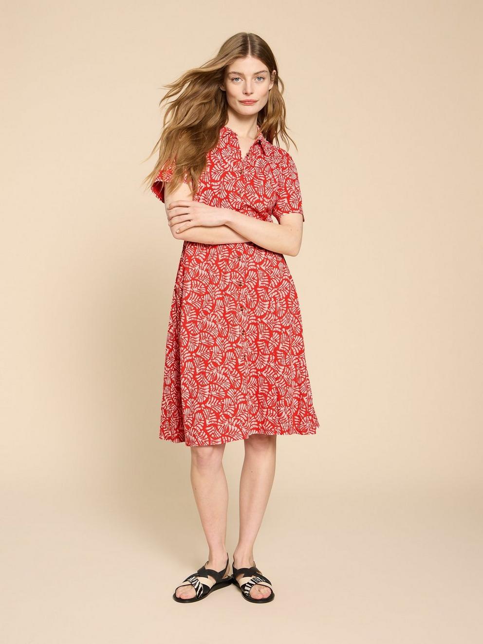 Ria Jersey Knee Length Shirt Dress in RED PR - MODEL FRONT