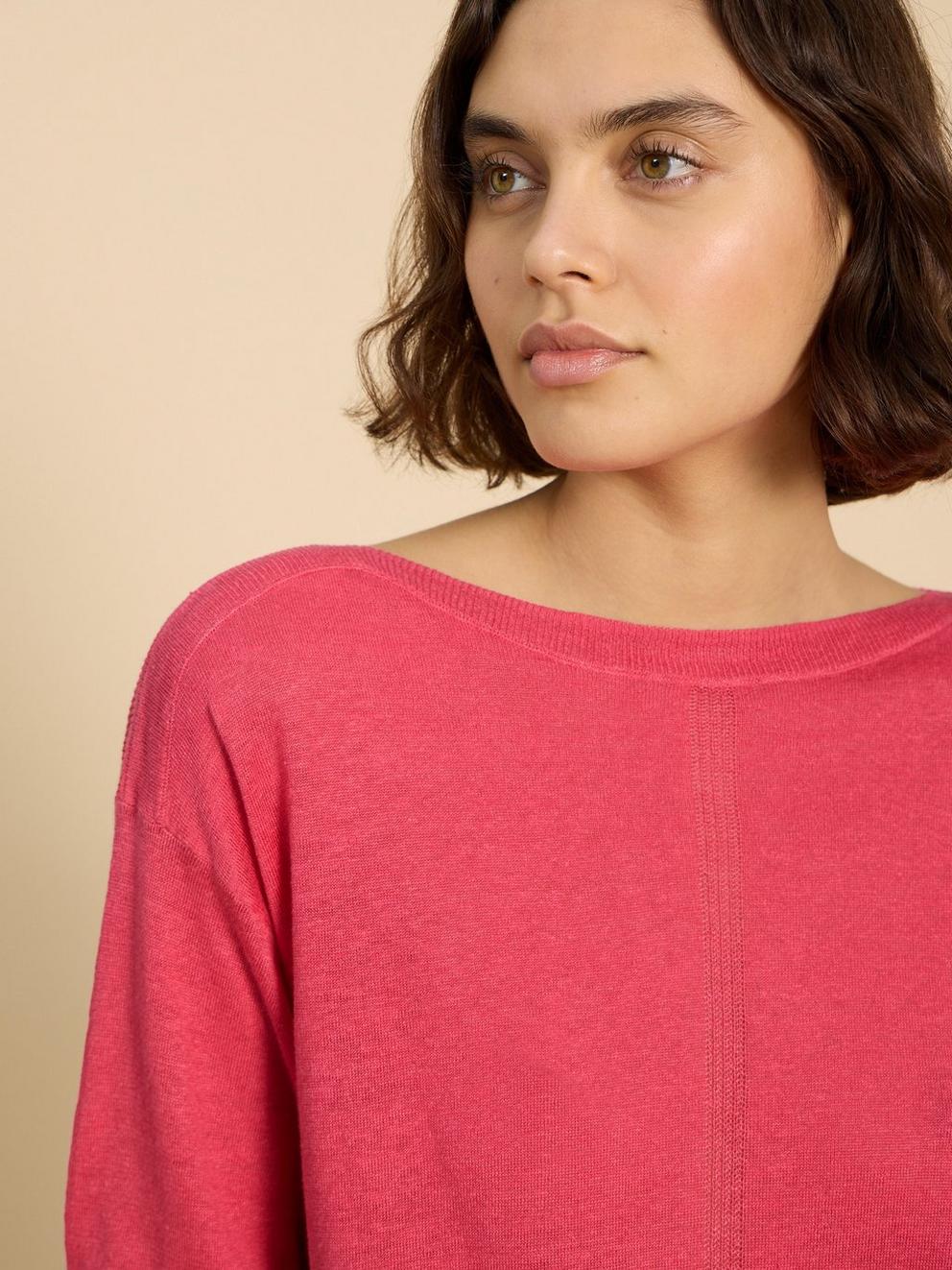 LINEN CREW JUMPER in BRT PINK - MODEL DETAIL