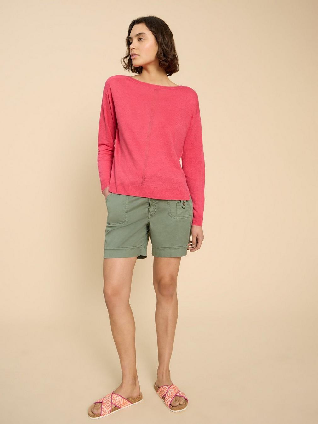 LINEN CREW JUMPER in BRT PINK - MODEL FRONT