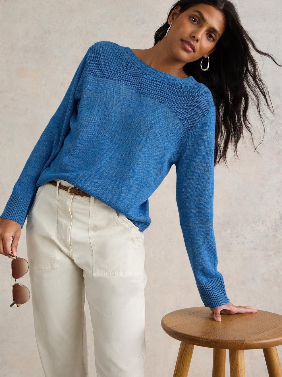 HEATHER JUMPER in MID BLUE - MODEL DETAIL