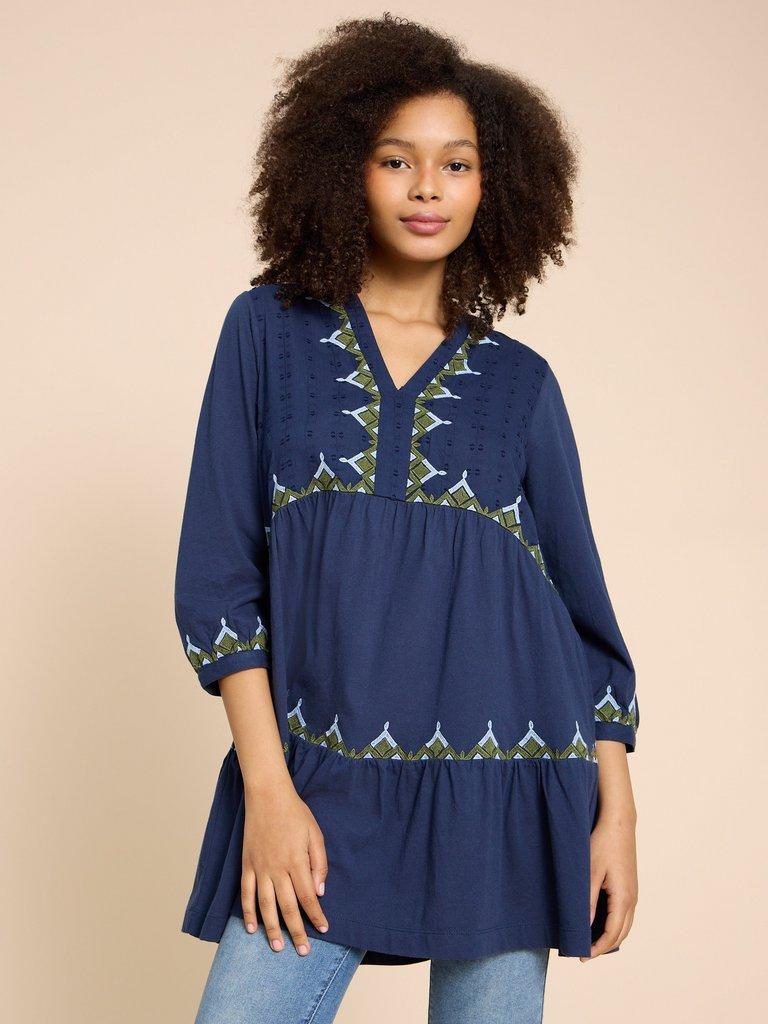 MARTA EMBORIDERED TUNIC in NAVY MULTI - MODEL DETAIL