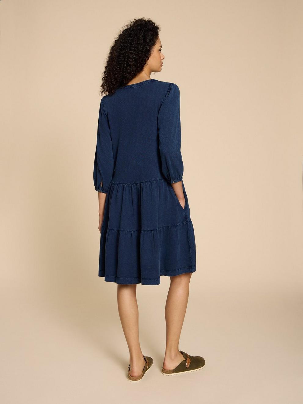 Clara Denim Jersey Dress in DK DENIM - MODEL BACK