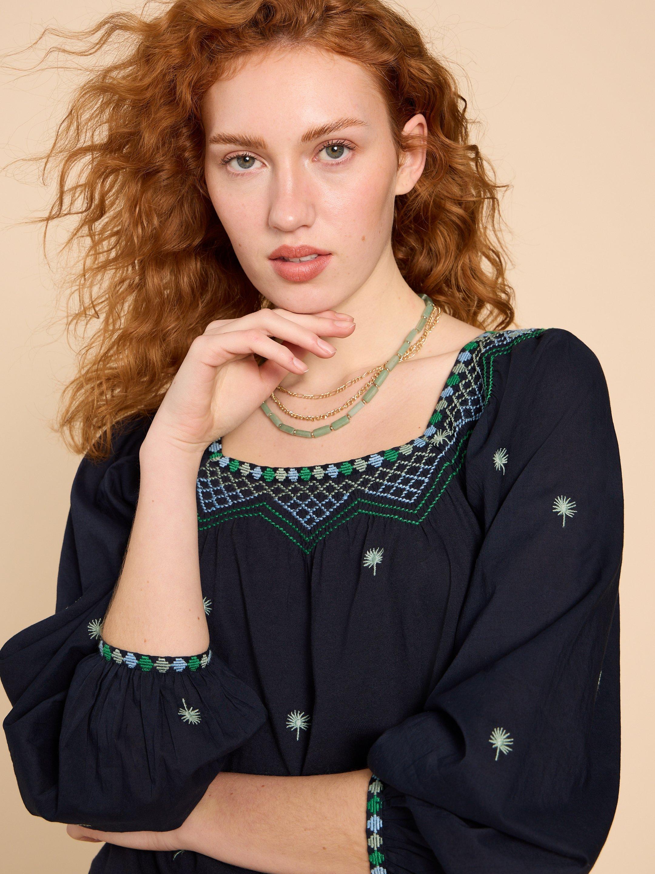 TILLY SMOCK TOP in NAVY MULTI - LIFESTYLE