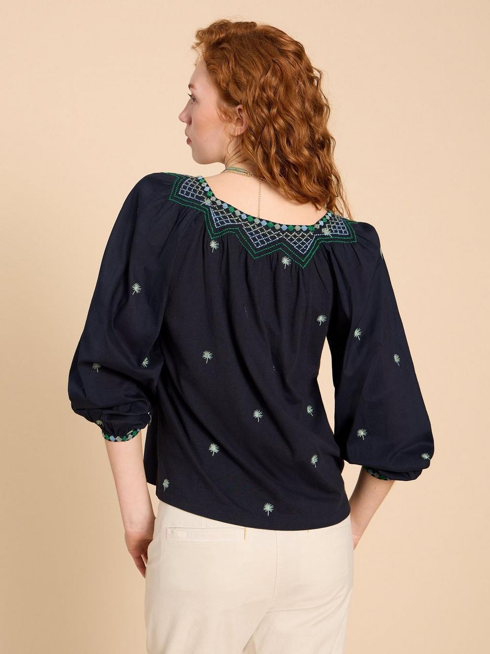 TILLY SMOCK TOP in NAVY MULTI - MODEL BACK