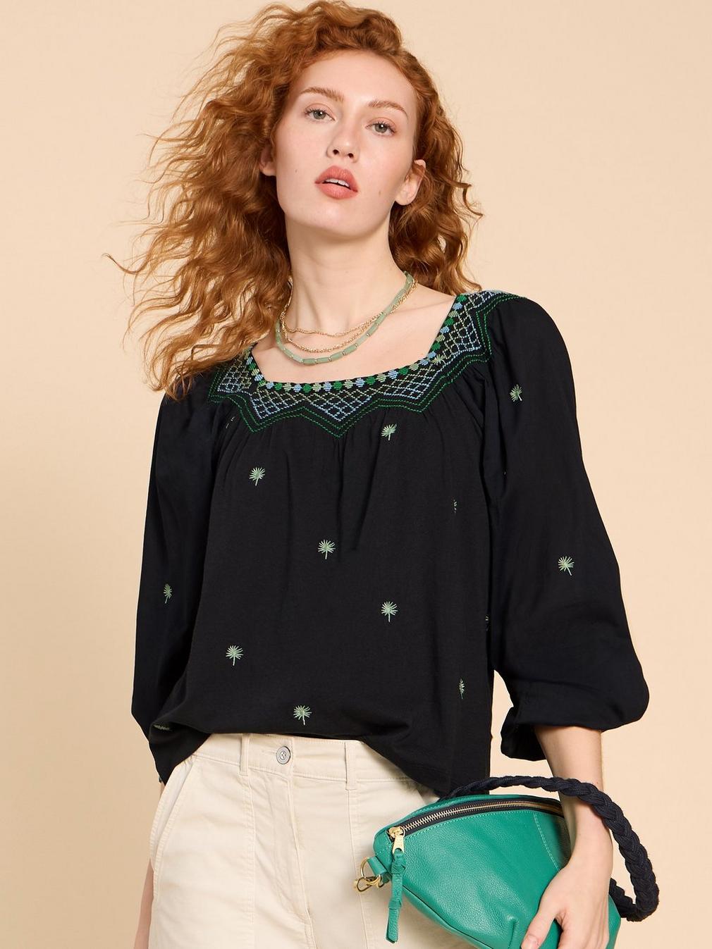 TILLY SMOCK TOP in NAVY MULTI - MODEL DETAIL