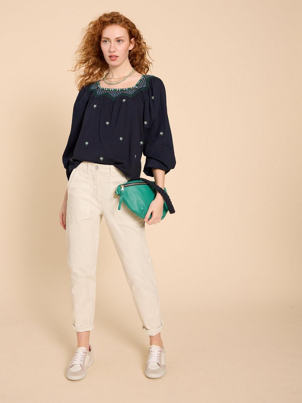 TILLY SMOCK TOP in NAVY MULTI - MODEL FRONT