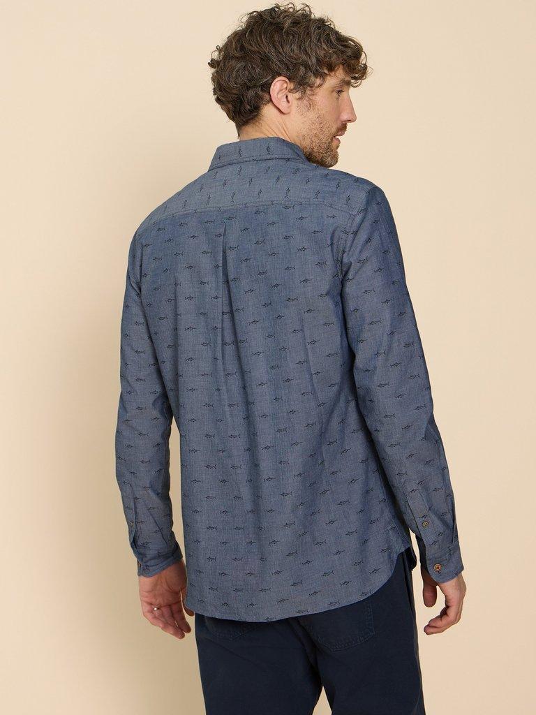 Swordfish Printed Shirt in CHAMB BLUE - MODEL BACK