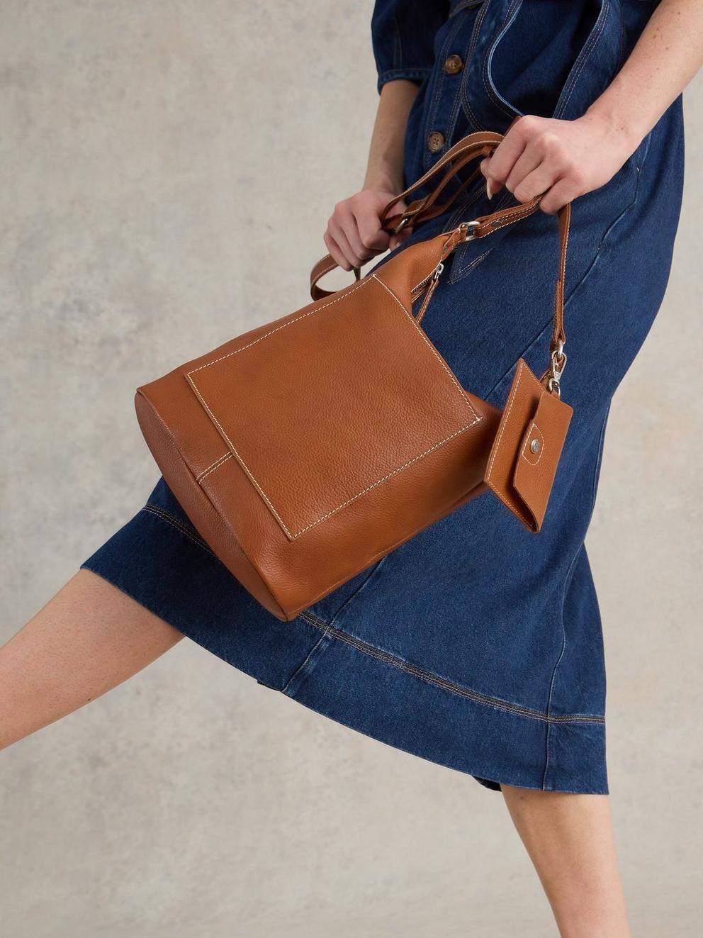 Fern Crossbody Leather in MID TAN - MODEL FRONT