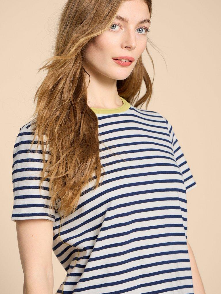 ABBIE STRIPE CREW NECK TEE in WHITE MLT - MODEL DETAIL