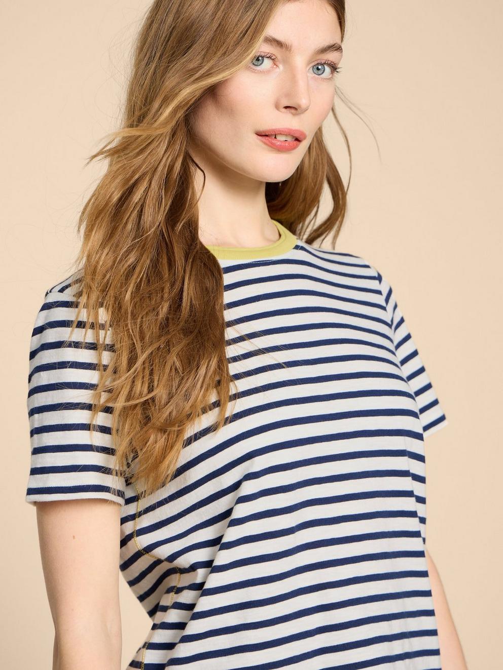 ABBIE STRIPE CREW NECK TEE in WHITE MLT - MODEL DETAIL