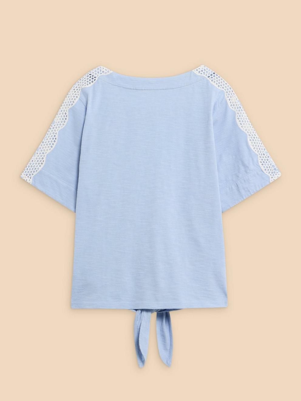 SARA TIE HEM CREW NECK TOP in MID BLUE - FLAT BACK