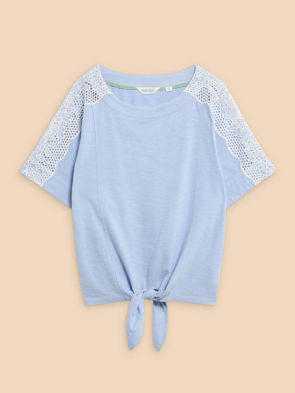 SARA TIE HEM CREW NECK TOP in MID BLUE - FLAT FRONT