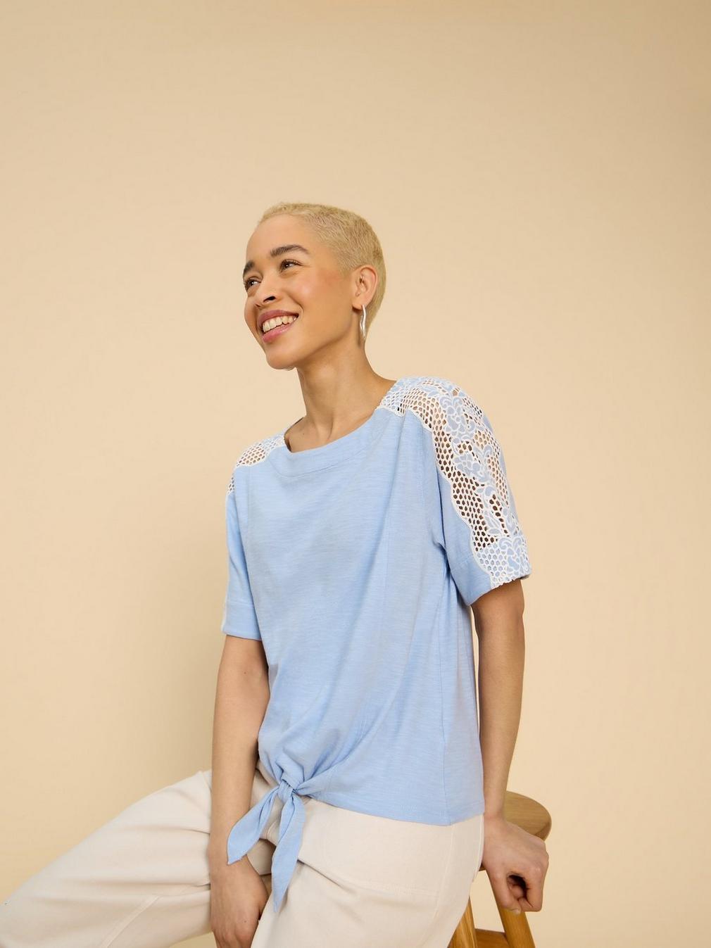 SARA TIE HEM CREW NECK TOP in MID BLUE - LIFESTYLE