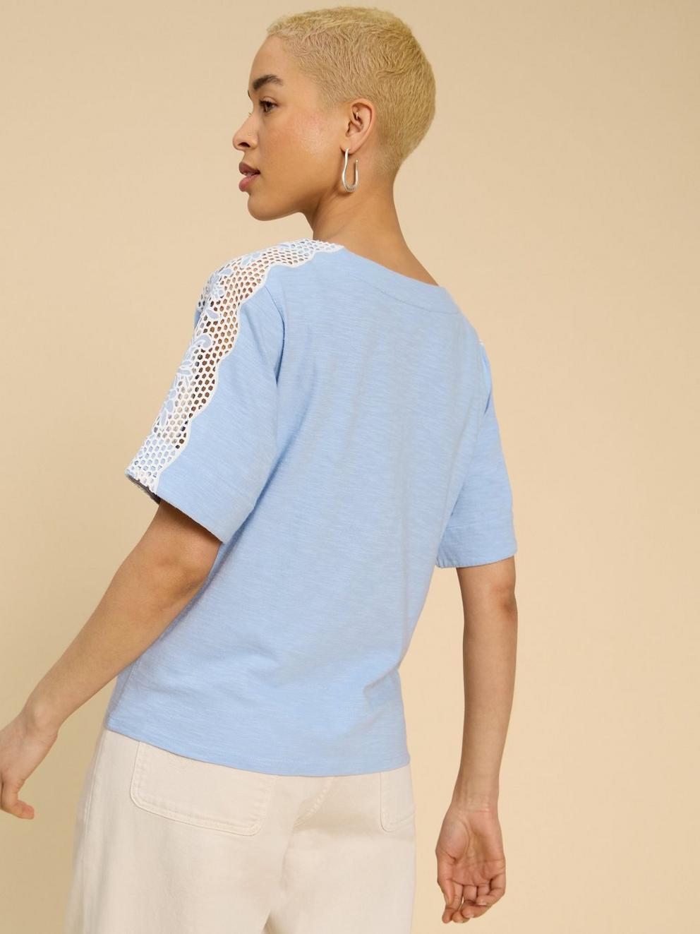 SARA TIE HEM CREW NECK TOP in MID BLUE - MODEL BACK