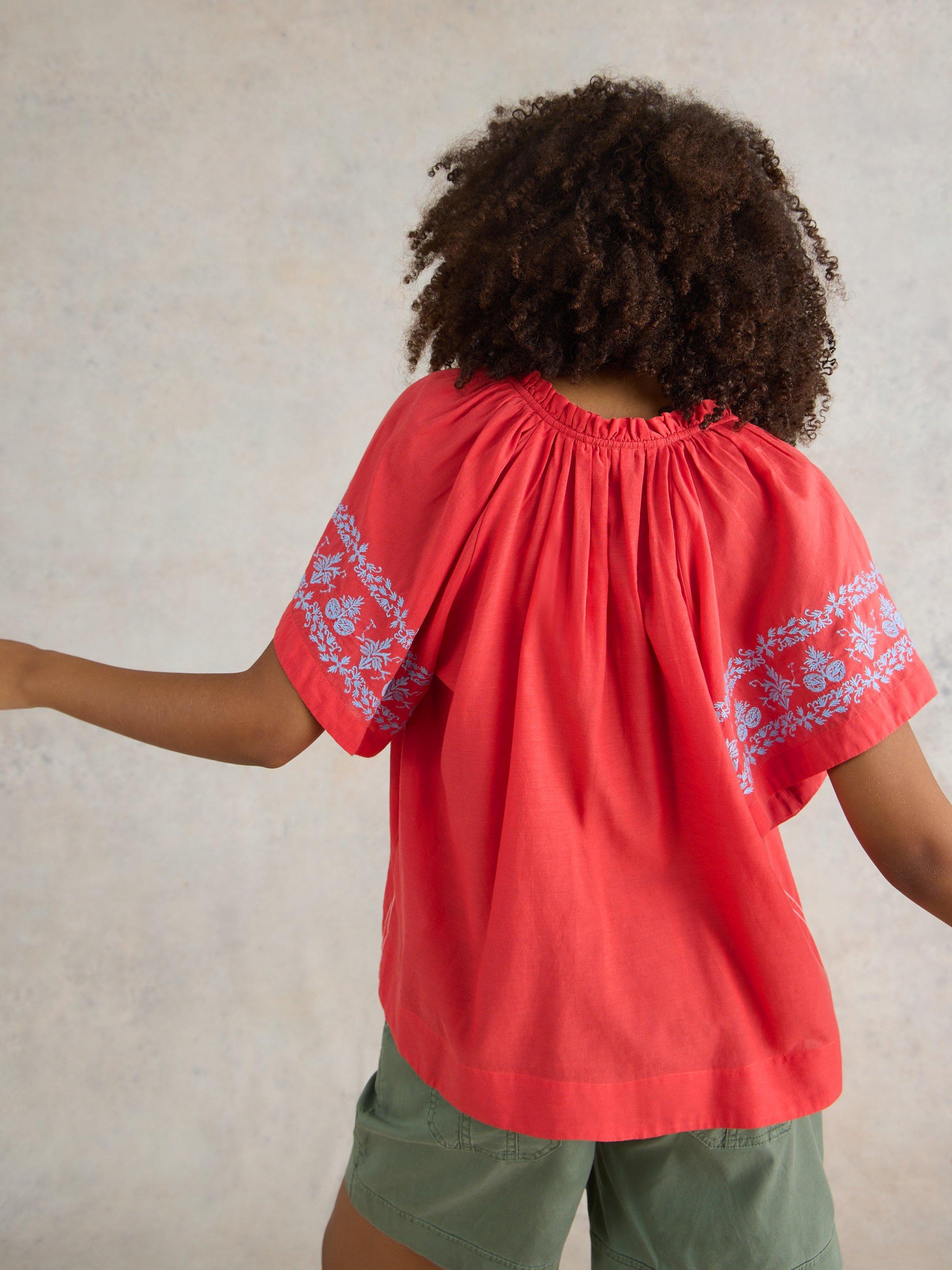 Anna Cotton Embroidered Top in ORANGE MLT - MODEL BACK