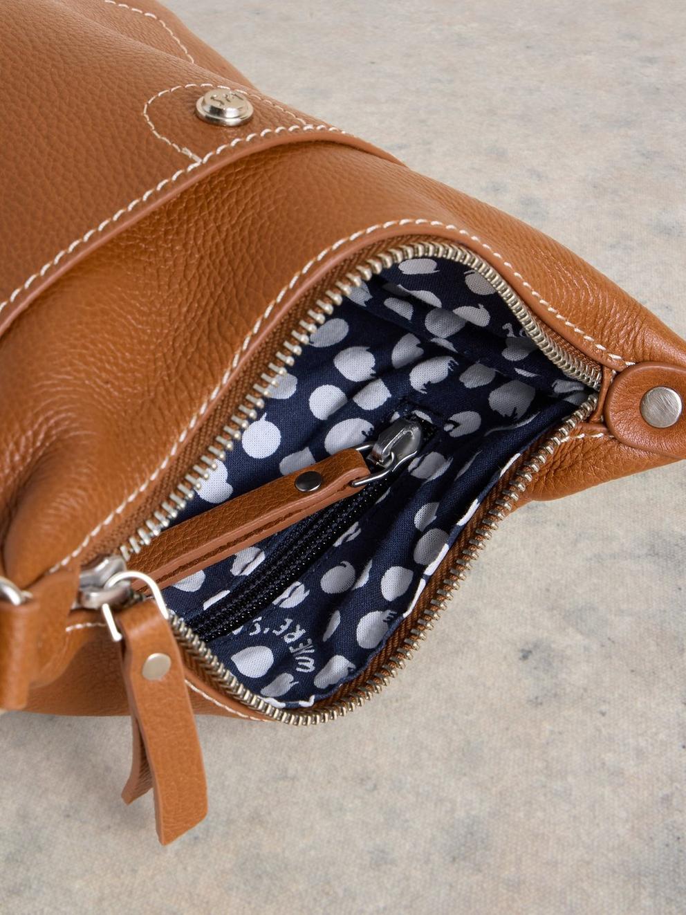 Mini Leather Fern Crossbody in MID TAN - MODEL DETAIL