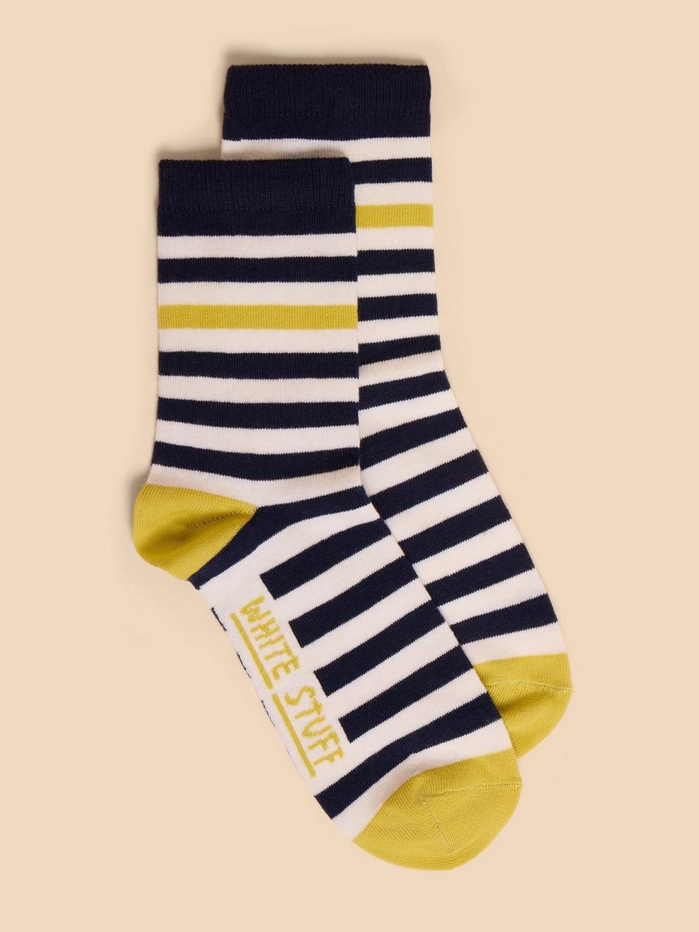 Striped Ankle Sock in NAVY MULTI - MODEL FRONT