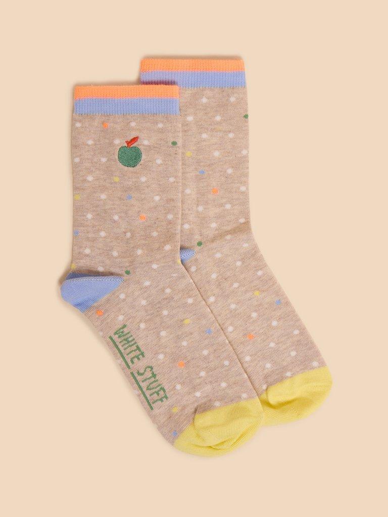 Embroidered Apple Ankle Sock in NAT MLT - MODEL FRONT