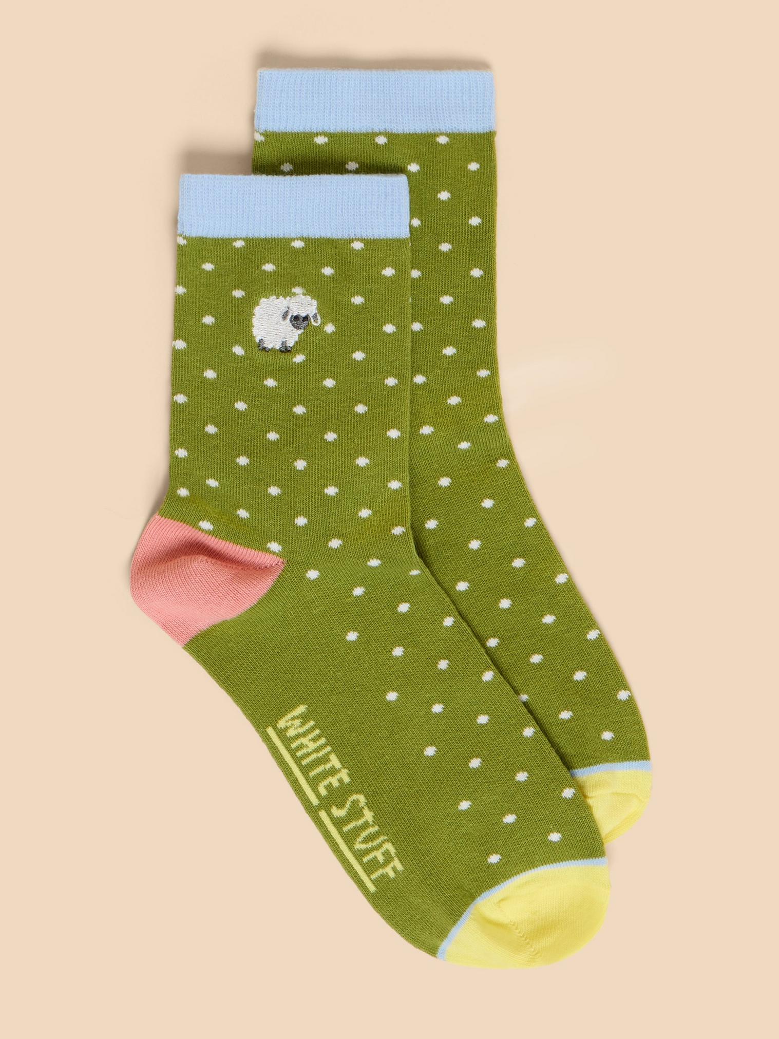 Embroidered Sheep Ankle Sock in GREEN MLT - MODEL FRONT