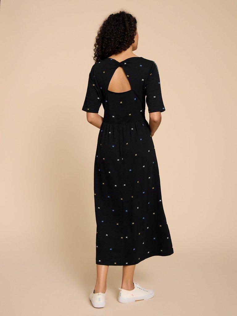 Addison Embroidered Midi Dress in BLK MLT - MODEL BACK