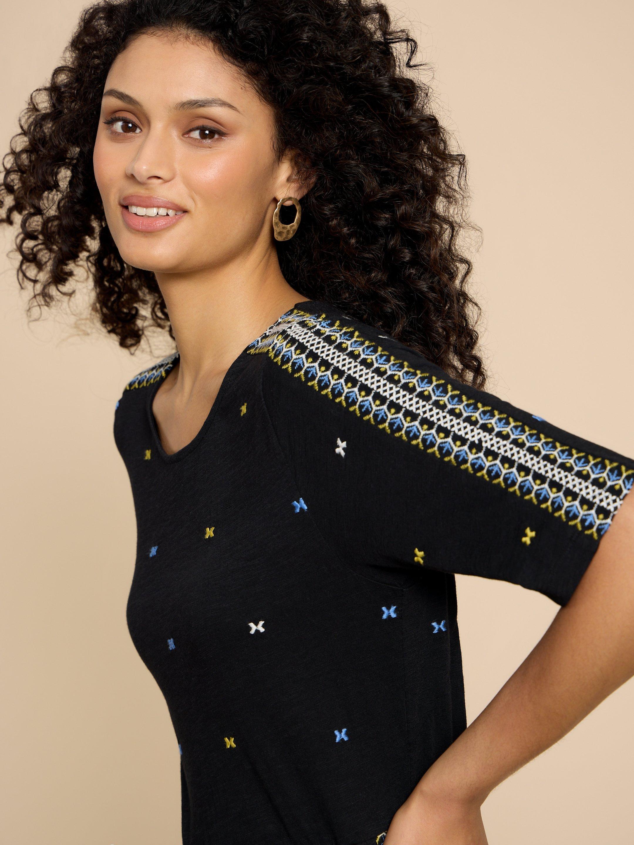 Addison Embroidered Midi Dress in BLK MLT - MODEL DETAIL