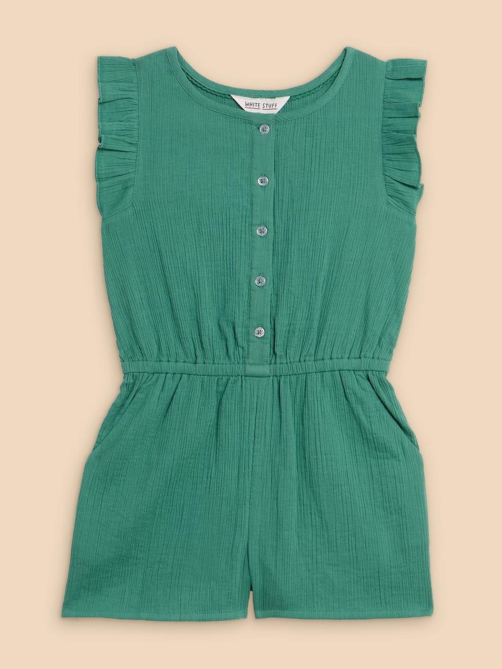 Woven Frill Playsuit in MID GREEN - FLAT FRONT