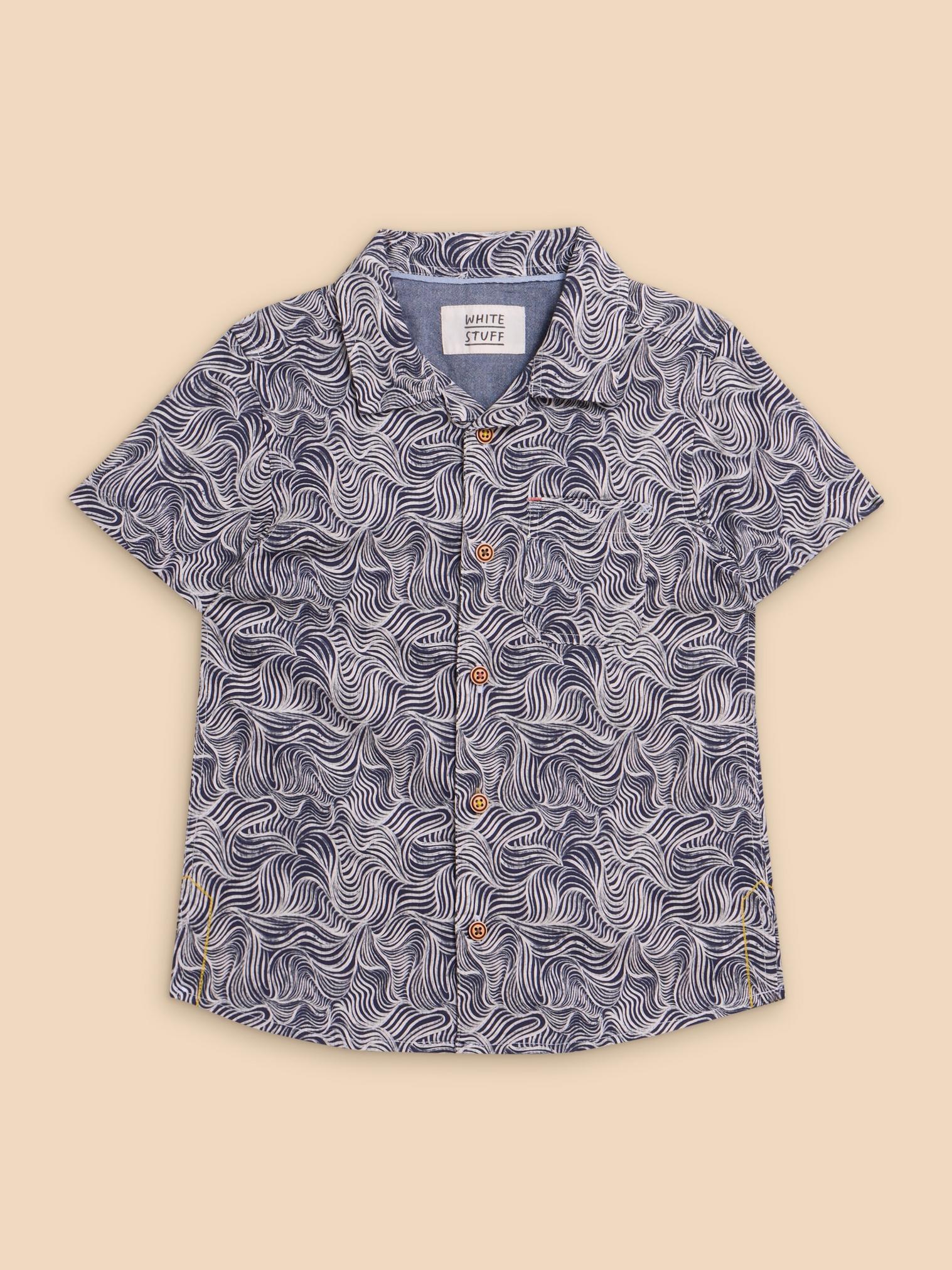 Mini Waves Printed SS Shirt in NAVY PR - FLAT FRONT