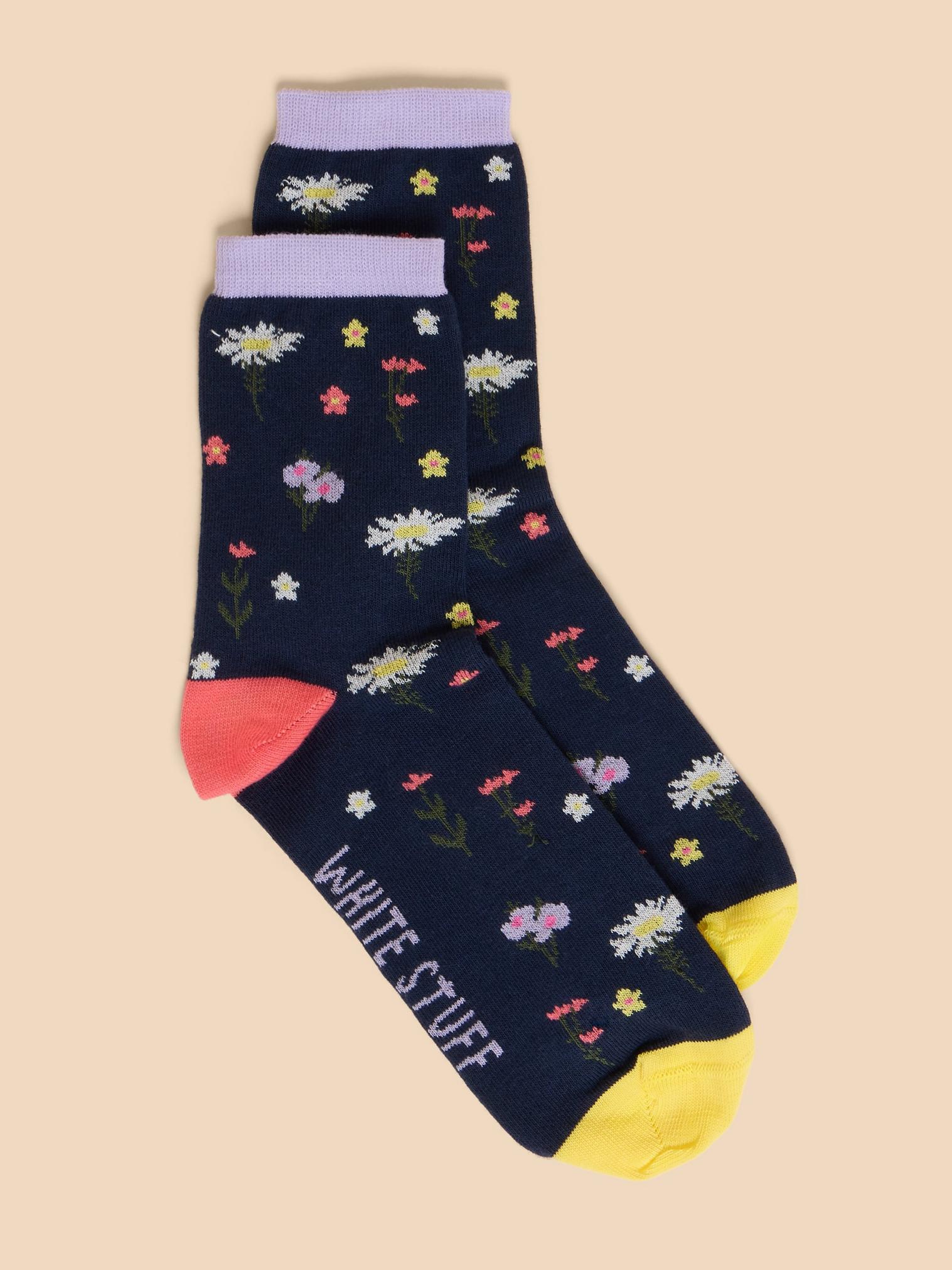 Daisy Floral Ankle Sock in NAVY MULTI - MODEL FRONT